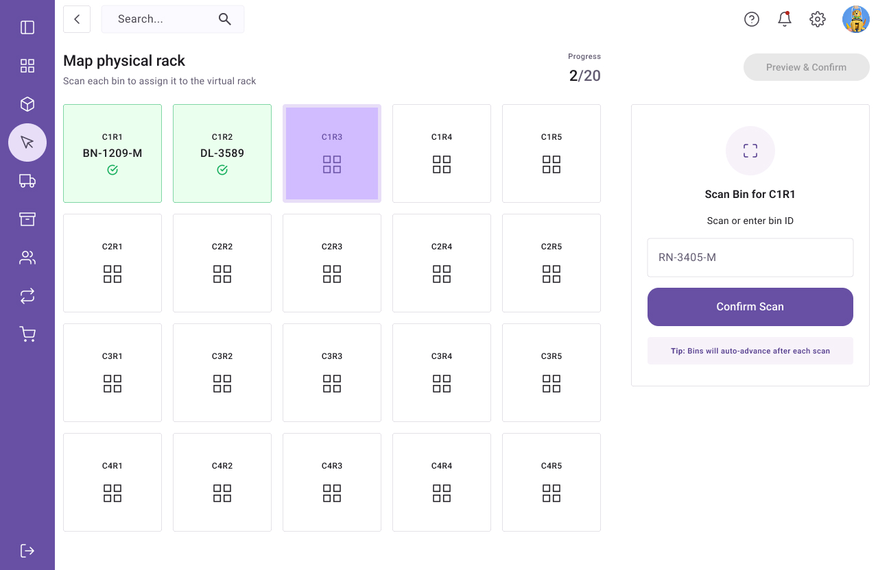 Map Rack Multipick system -map physical rack to virtual