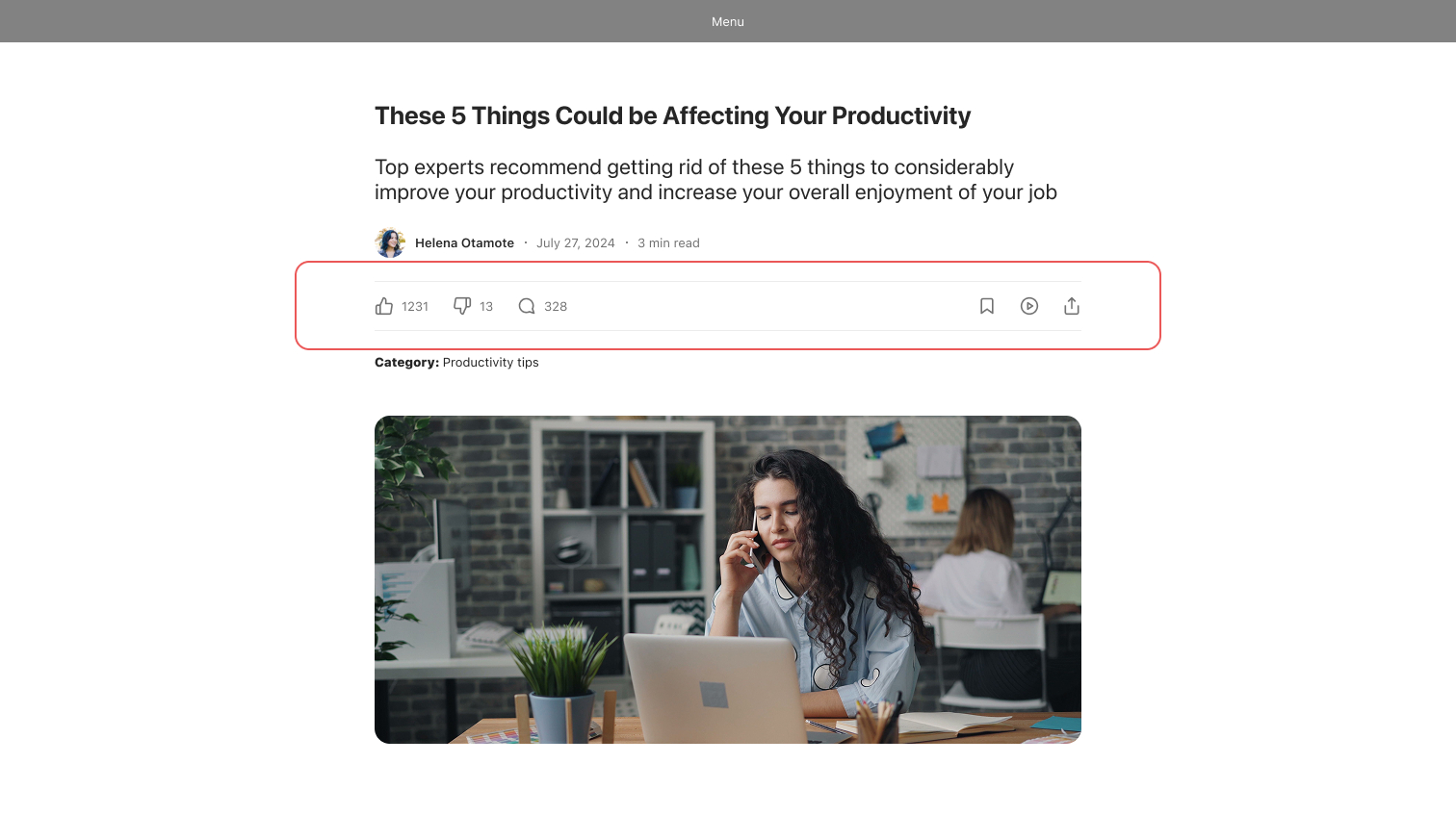blog post showing social actions